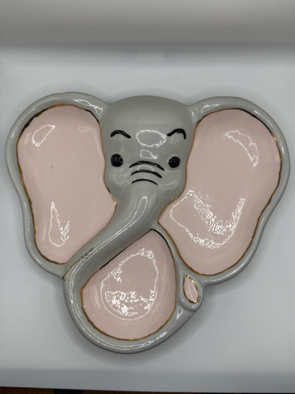 Vintage Signed "Winnie 55" Ceramic Elephant Divided Plate Nut Tray Trinkets Baby - Picture 2 of 3